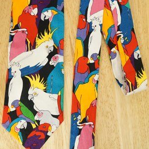 Vintage Tie Cotton Colorful Tropical Bird Print Parrots Cockatoo ALL TIED UP